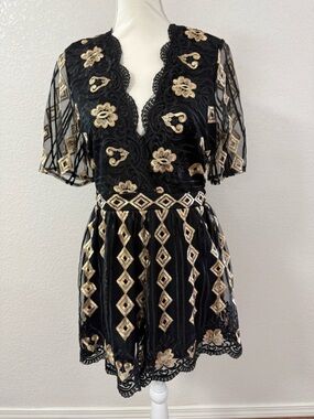 SWEET LEMON Black & Gold Embroidered Mesh Romper Lace Geometric size M